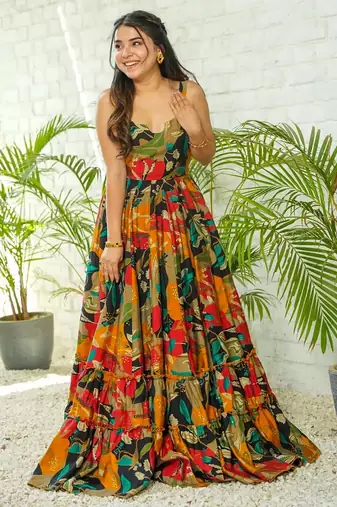 Multicolor floral printed rayon anarkali gown