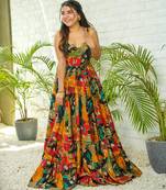 Multicolor floral printed rayon anarkali gown
