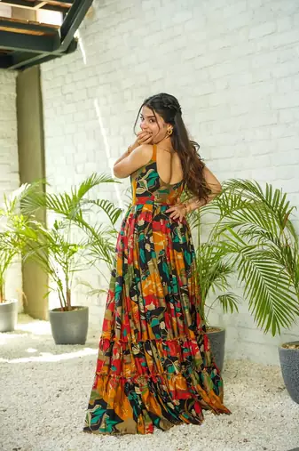 Multicolor floral printed rayon anarkali gown