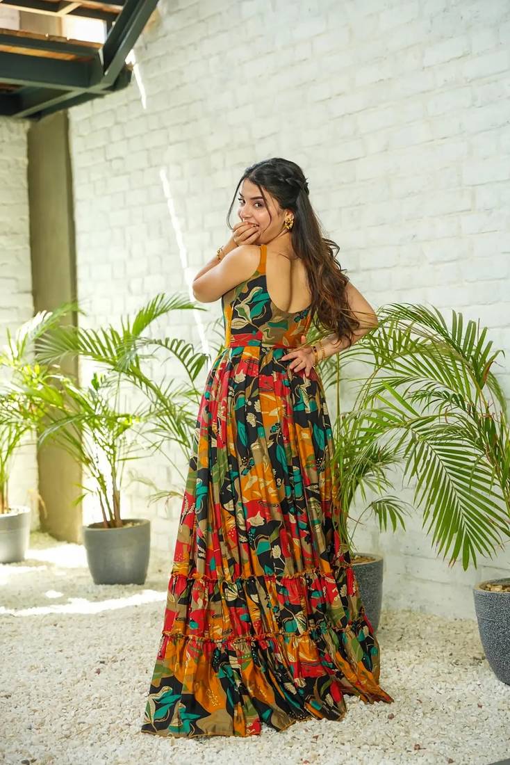 Multicolor floral printed rayon anarkali gown