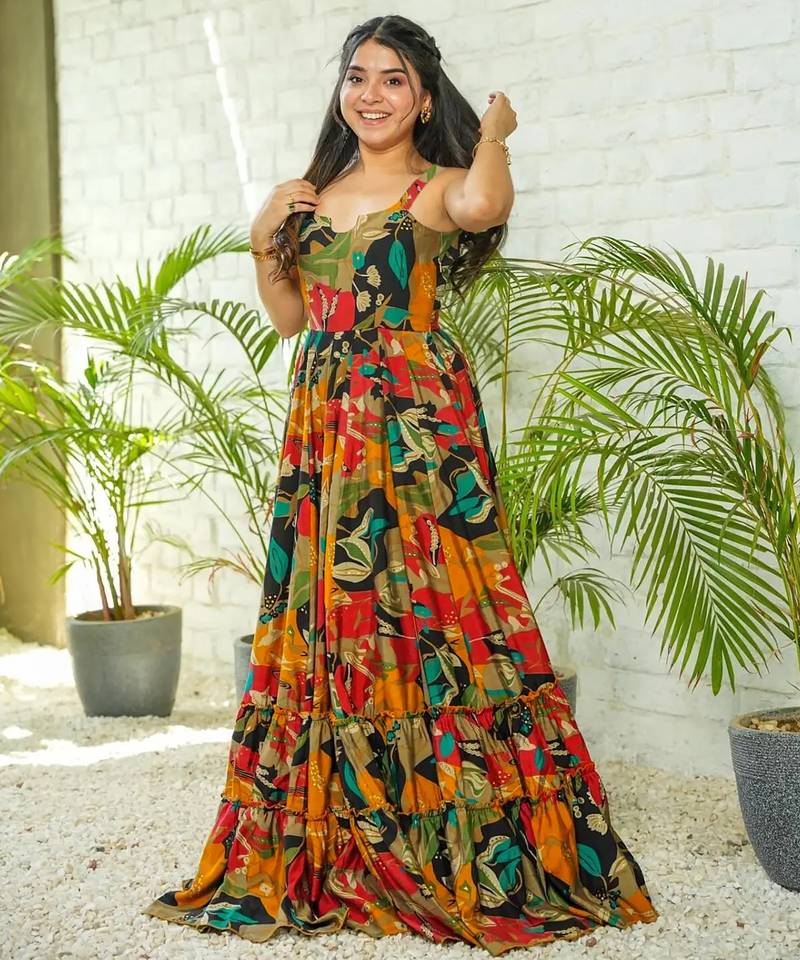 Multicolor floral printed rayon anarkali gown