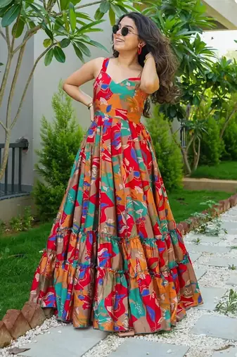 Multicolor floral printed rayon anarkali gown