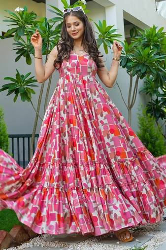 Baby pink floral printed rayon anarkali gown