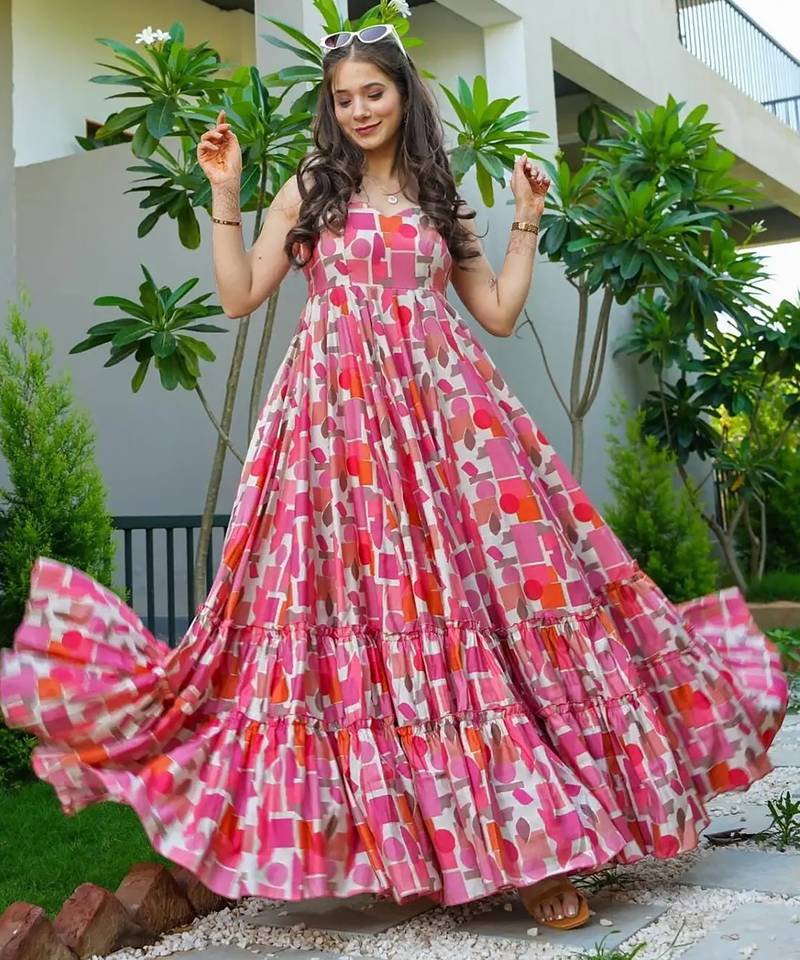 Baby pink floral printed rayon anarkali gown