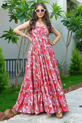 Baby pink floral printed rayon anarkali gown