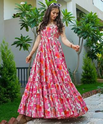 Baby pink floral printed rayon anarkali gown 3