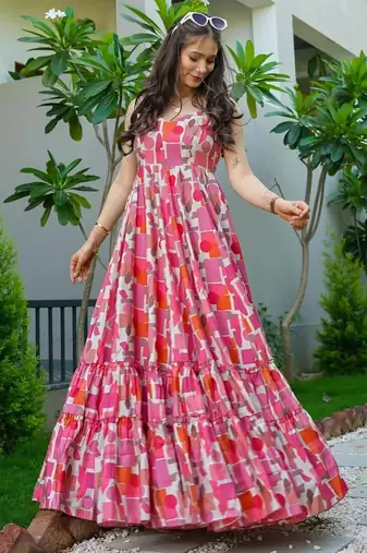Baby pink floral printed rayon anarkali gown