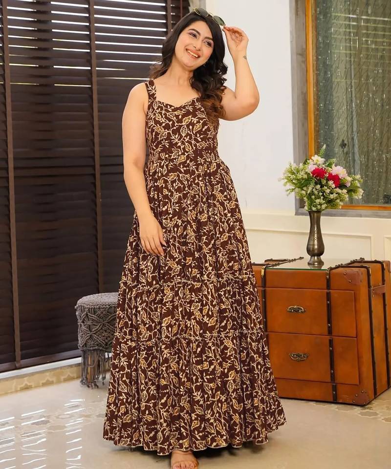 Brown floral printed rayon anarkali gown