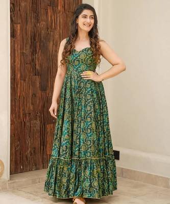 Green floral printed rayon anarkali gown 1