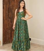 Green floral printed rayon anarkali gown