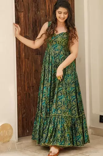 Green floral printed rayon anarkali gown