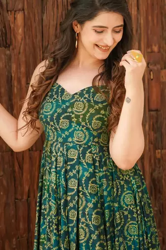Green floral printed rayon anarkali gown