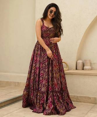 Purple floral printed rayon anarkali gown 2
