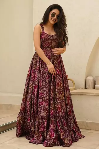 Purple floral printed rayon anarkali gown