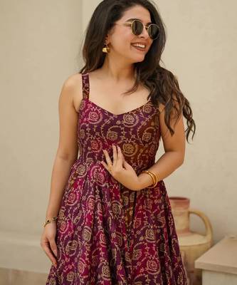 Purple floral printed rayon anarkali gown 3