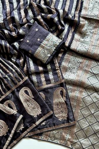 Black Color Jaqurad Weveing Work Satin Saree