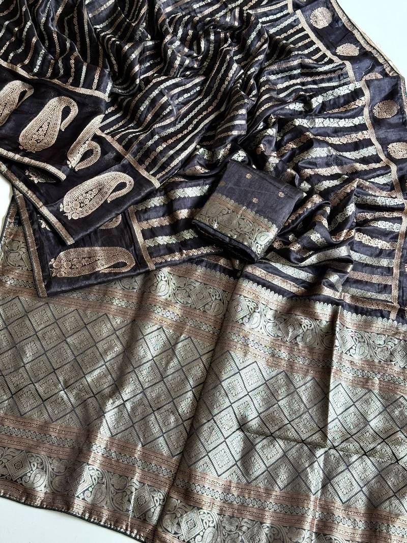 Black Color Jaqurad Weveing Work Satin Saree