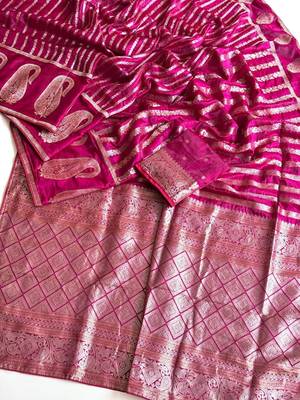 Pink Color Jaqurad Weveing Work Satin Saree 2