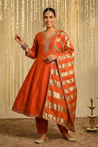  Embroidery Work Vichitra Silk Fabric Flared Kurta Pant and Dupatta Set