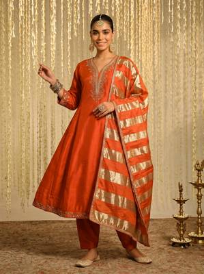 Women's Beautiful Embroidery Work Vichitra Silk Fabric Flared Kurta Pant and Dupatta Set 1