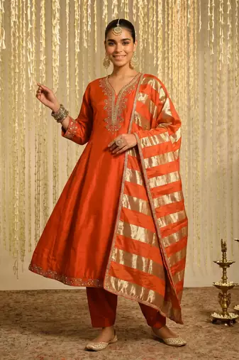 Women's Beautiful Embroidery Work Vichitra Silk Fabric Flared Kurta Pant and Dupatta Set