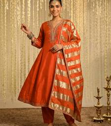 Women's Beautiful Embroidery Work Vichitra Silk Fabric Flared Kurta Pant and Dupatta Set