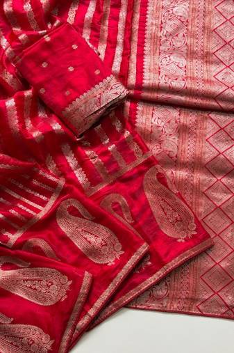 Red Color Jaqurad Weveing Work Satin Saree