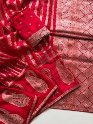 Red Color Jaqurad Weveing Work Satin Saree 1