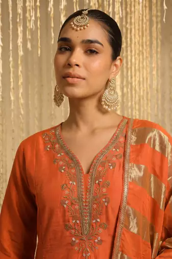 Women's Beautiful Embroidery Work Vichitra Silk Fabric Flared Kurta Pant and Dupatta Set