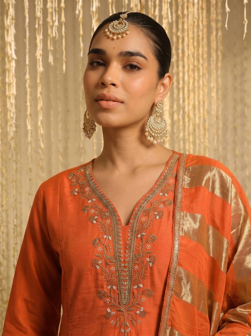 Women's Beautiful Embroidery Work Vichitra Silk Fabric Flared Kurta Pant and Dupatta Set