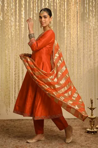 Women's Beautiful Embroidery Work Vichitra Silk Fabric Flared Kurta Pant and Dupatta Set