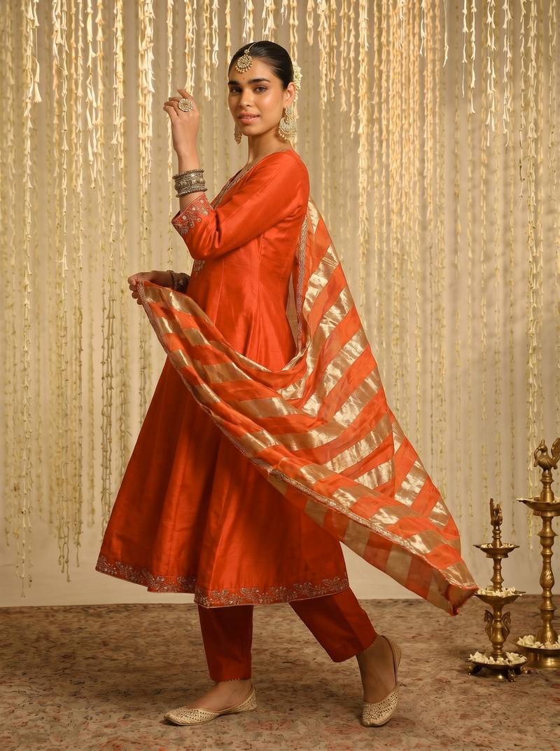 Women's Beautiful Embroidery Work Vichitra Silk Fabric Flared Kurta Pant and Dupatta Set