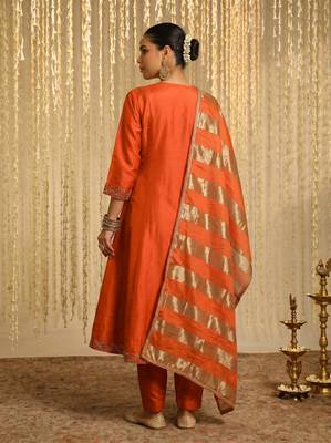 Women's Beautiful Embroidery Work Vichitra Silk Fabric Flared Kurta Pant and Dupatta Set 4