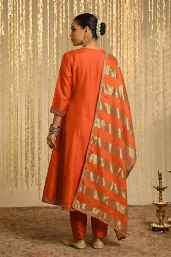 Women's Beautiful Embroidery Work Vichitra Silk Fabric Flared Kurta Pant and Dupatta Set