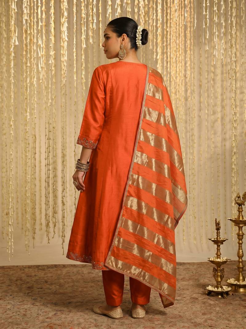 Women's Beautiful Embroidery Work Vichitra Silk Fabric Flared Kurta Pant and Dupatta Set