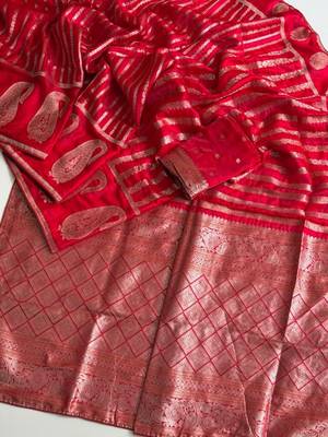 Red Color Jaqurad Weveing Work Satin Saree 2