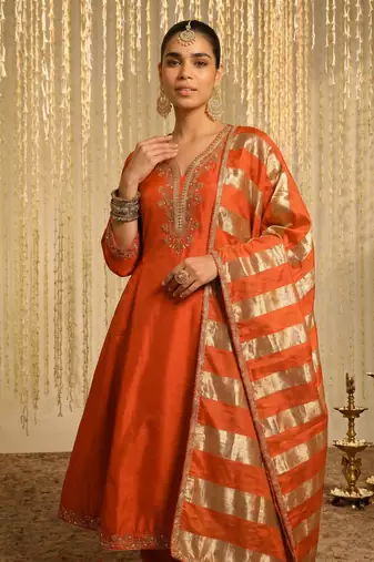 Women's Beautiful Embroidery Work Vichitra Silk Fabric Flared Kurta Pant and Dupatta Set