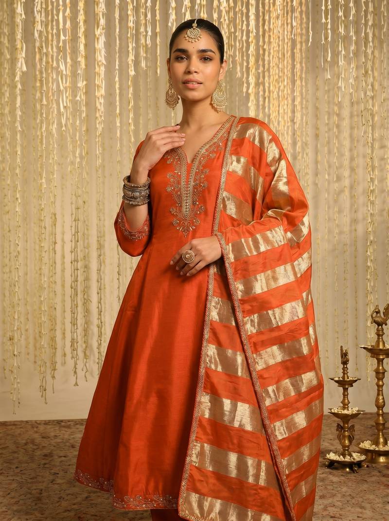 Women's Beautiful Embroidery Work Vichitra Silk Fabric Flared Kurta Pant and Dupatta Set
