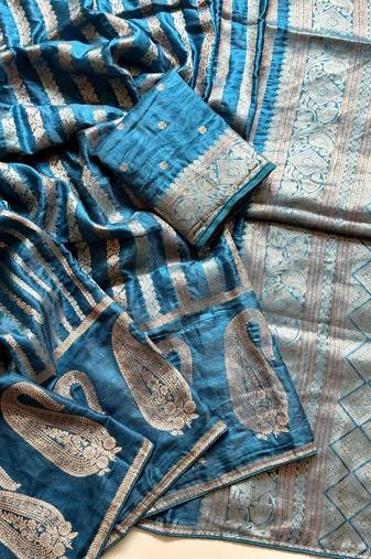 Teal Color Jaqurad Weveing Work Satin Saree