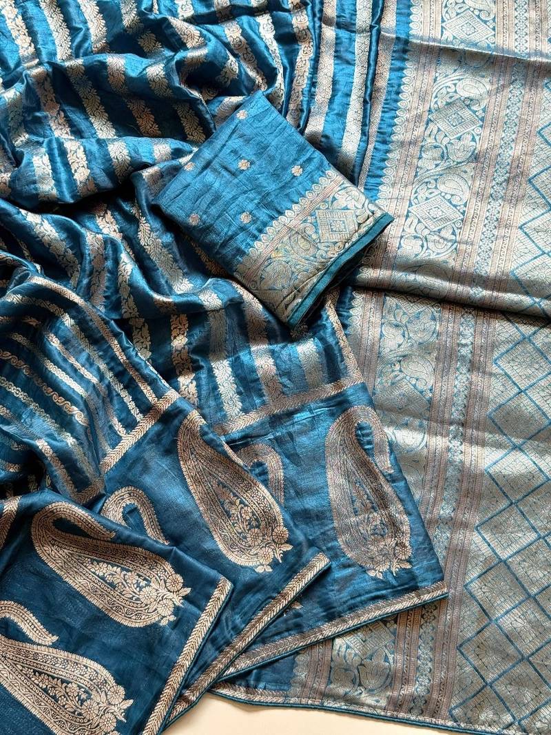 Teal Color Jaqurad Weveing Work Satin Saree