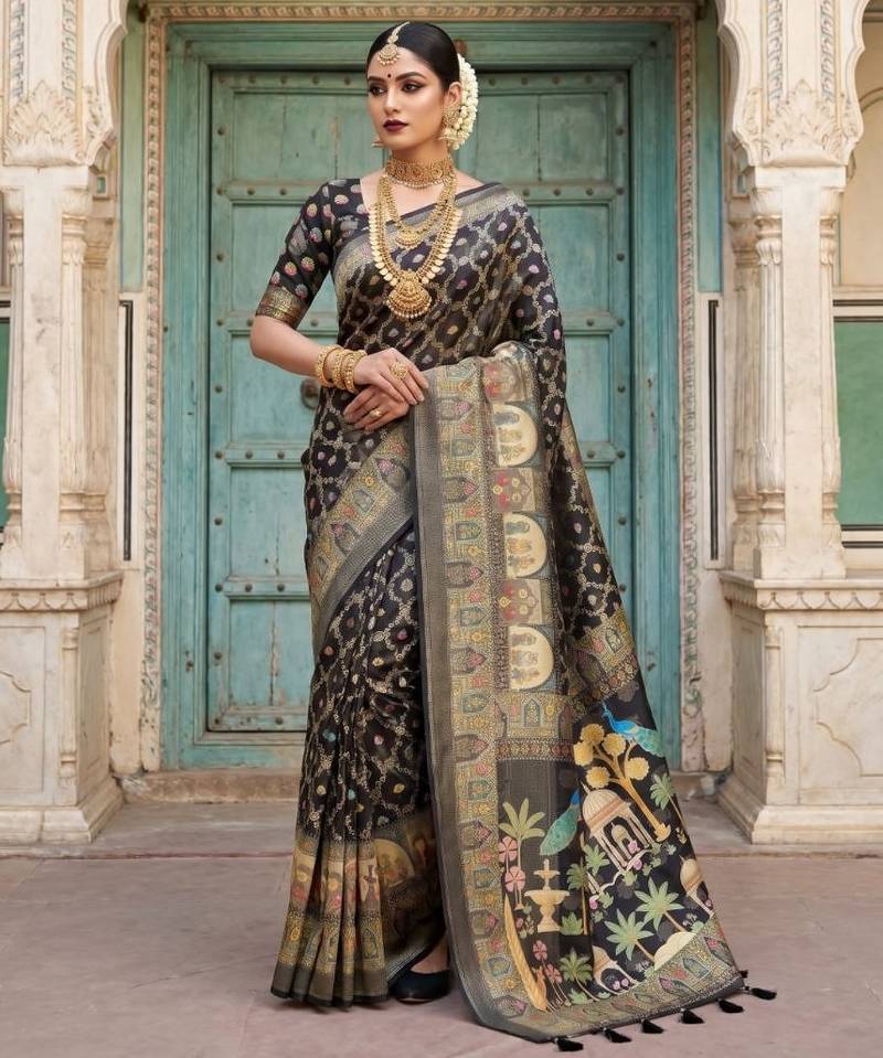 Black Color Jacquard Weaving  Work Silk Blend Saree