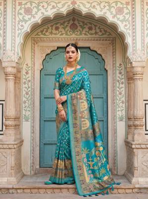 Blue Color Jacquard Weaving  Work Silk Blend Saree 1