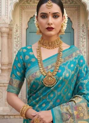 Blue Color Jacquard Weaving  Work Silk Blend Saree 2