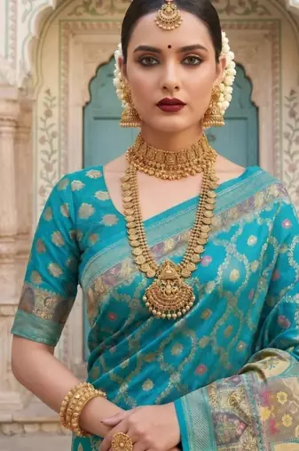 Blue Color Jacquard Weaving  Work Silk Blend Saree