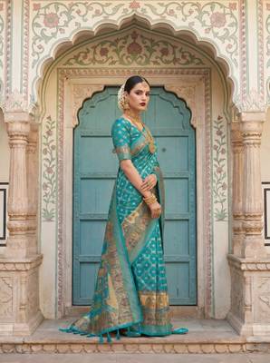 Blue Color Jacquard Weaving  Work Silk Blend Saree 3