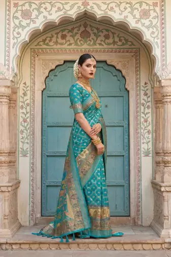 Blue Color Jacquard Weaving  Work Silk Blend Saree