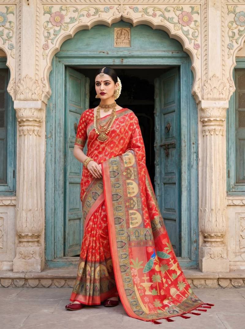 Red Color Jacquard Weaving  Work Silk Blend Saree