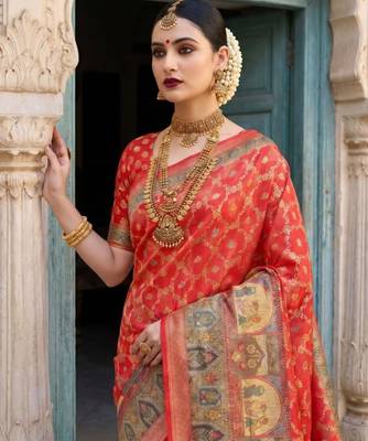 Red Color Jacquard Weaving  Work Silk Blend Saree 2