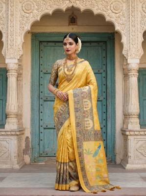 Yellow Color Jacquard Weaving  Work Silk Blend Saree 1