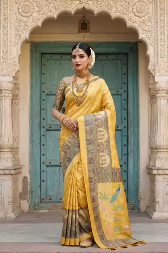 Yellow Color Jacquard Weaving  Work Silk Blend Saree